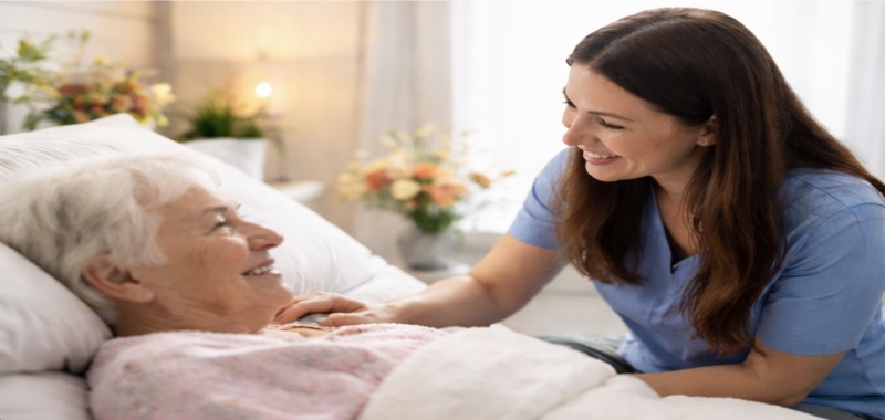 Caregiver with senior in bed smiling
